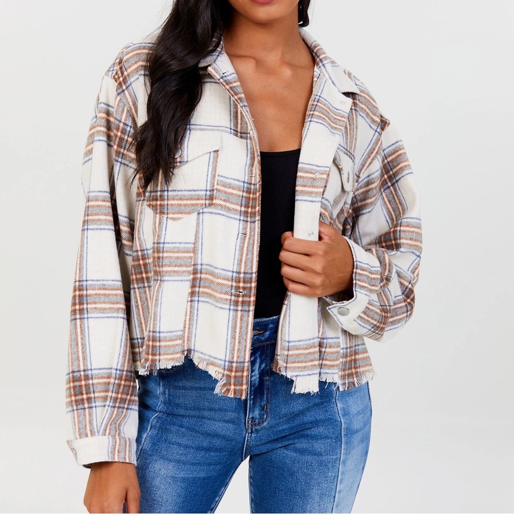 NWT Altar’d State Abigail Plaid Frayed Hem Fringe Button Pocket Shacket